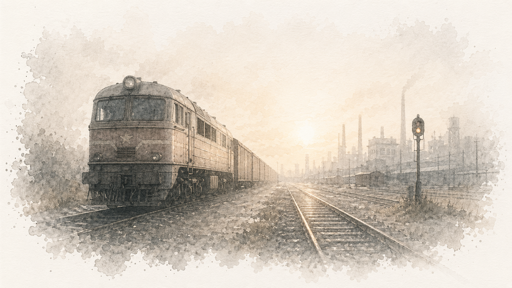 An aging freight train on weathered tracks near a hazy industrial skyline