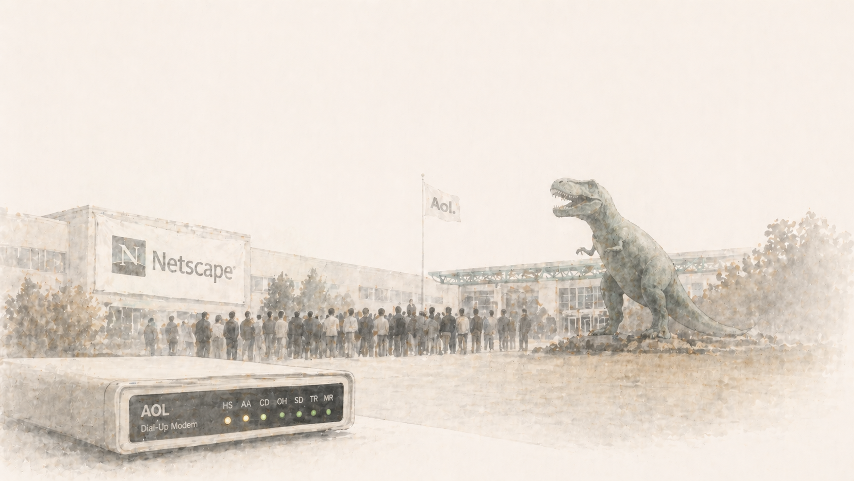 A crowd gathered on a corporate lawn near a large dinosaur statue with a dial-up modem in the foreground