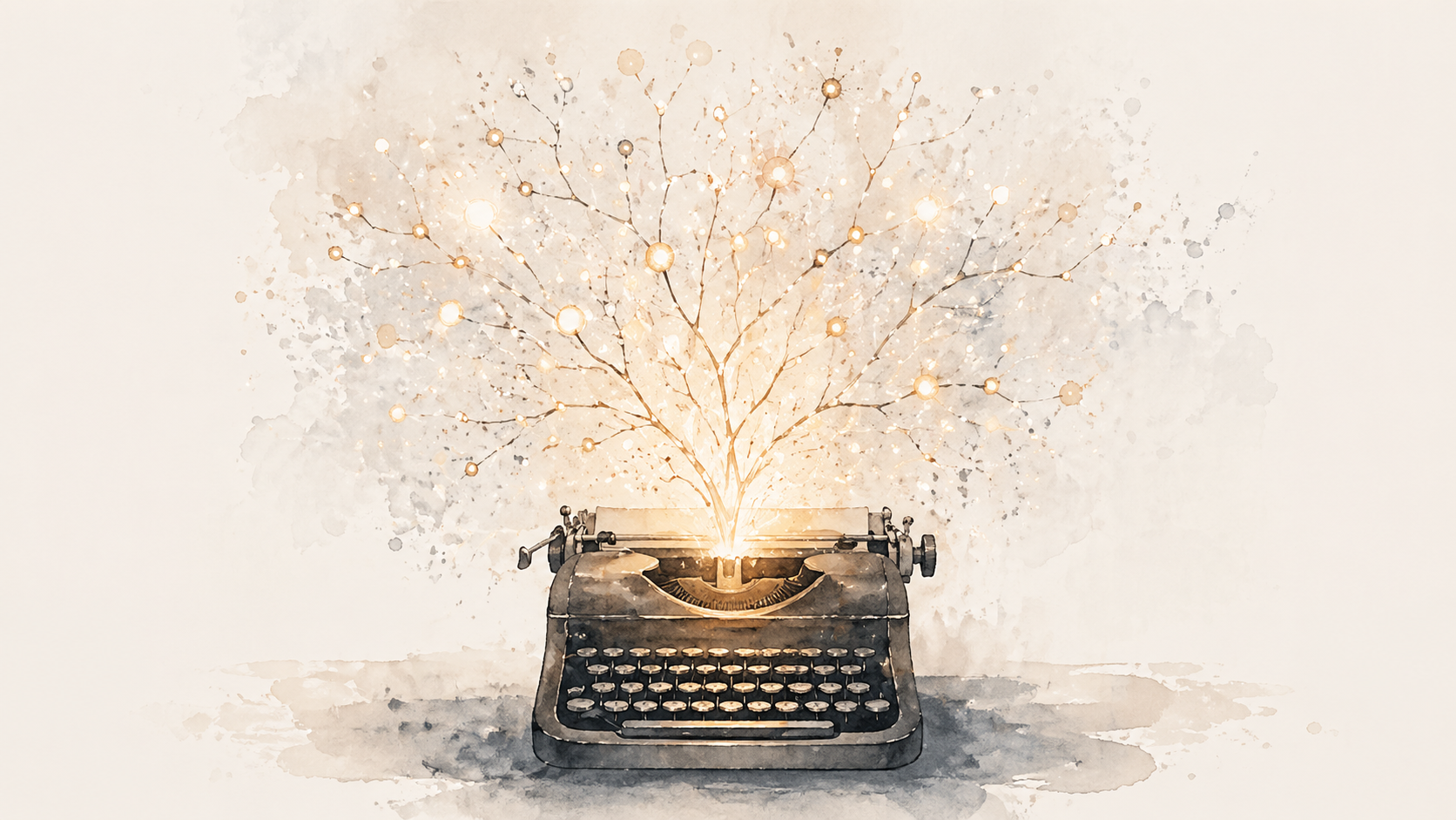 A typewriter with soft branching lines of light rising upward in a minimalist composition