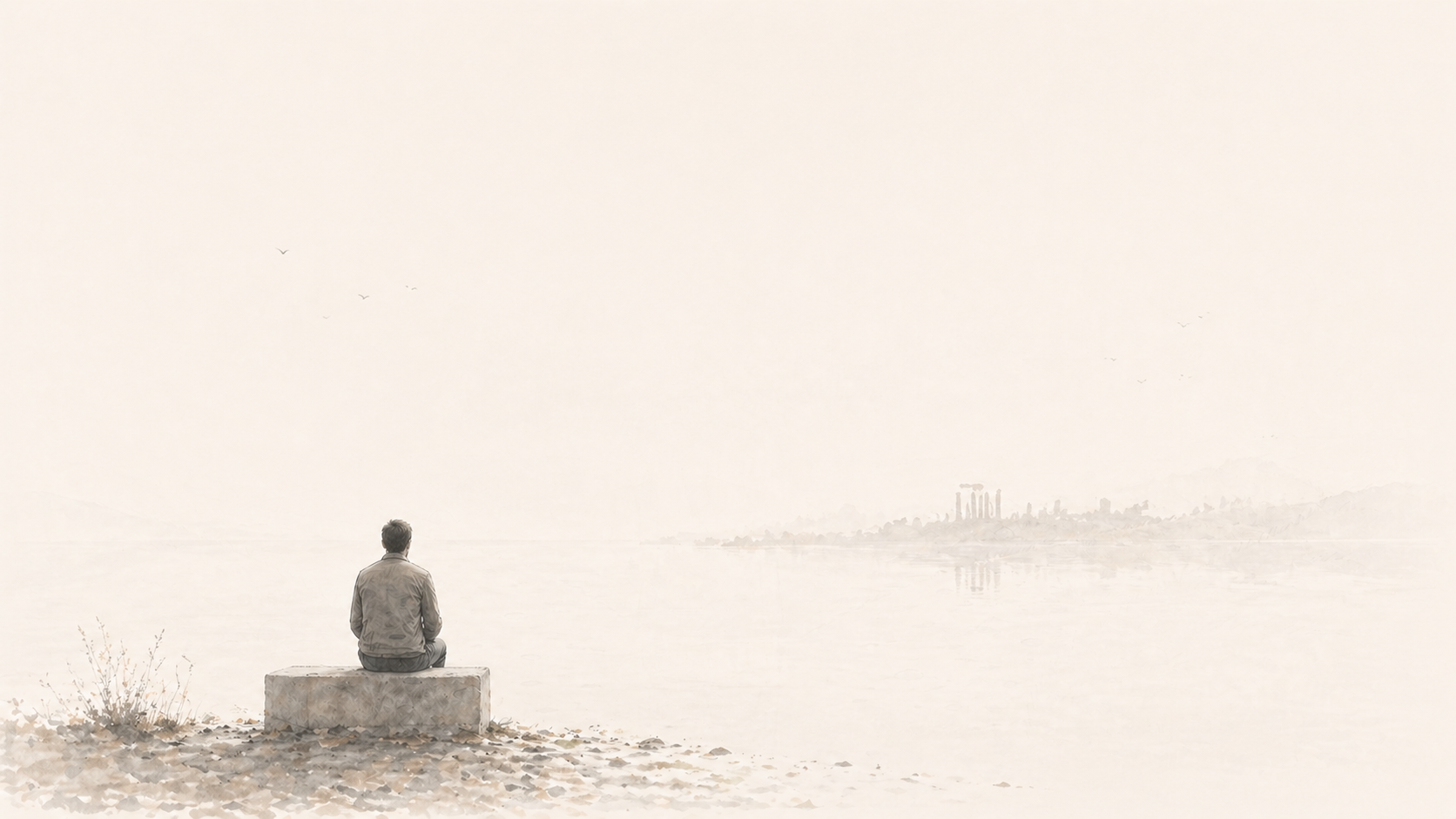 A person sitting quietly by still water facing a faint, distant structure in a pale landscape