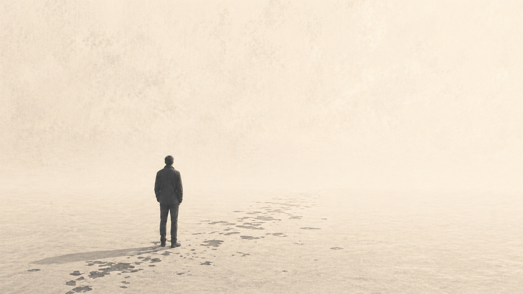 A lone figure standing in a vast pale landscape facing a distant horizon