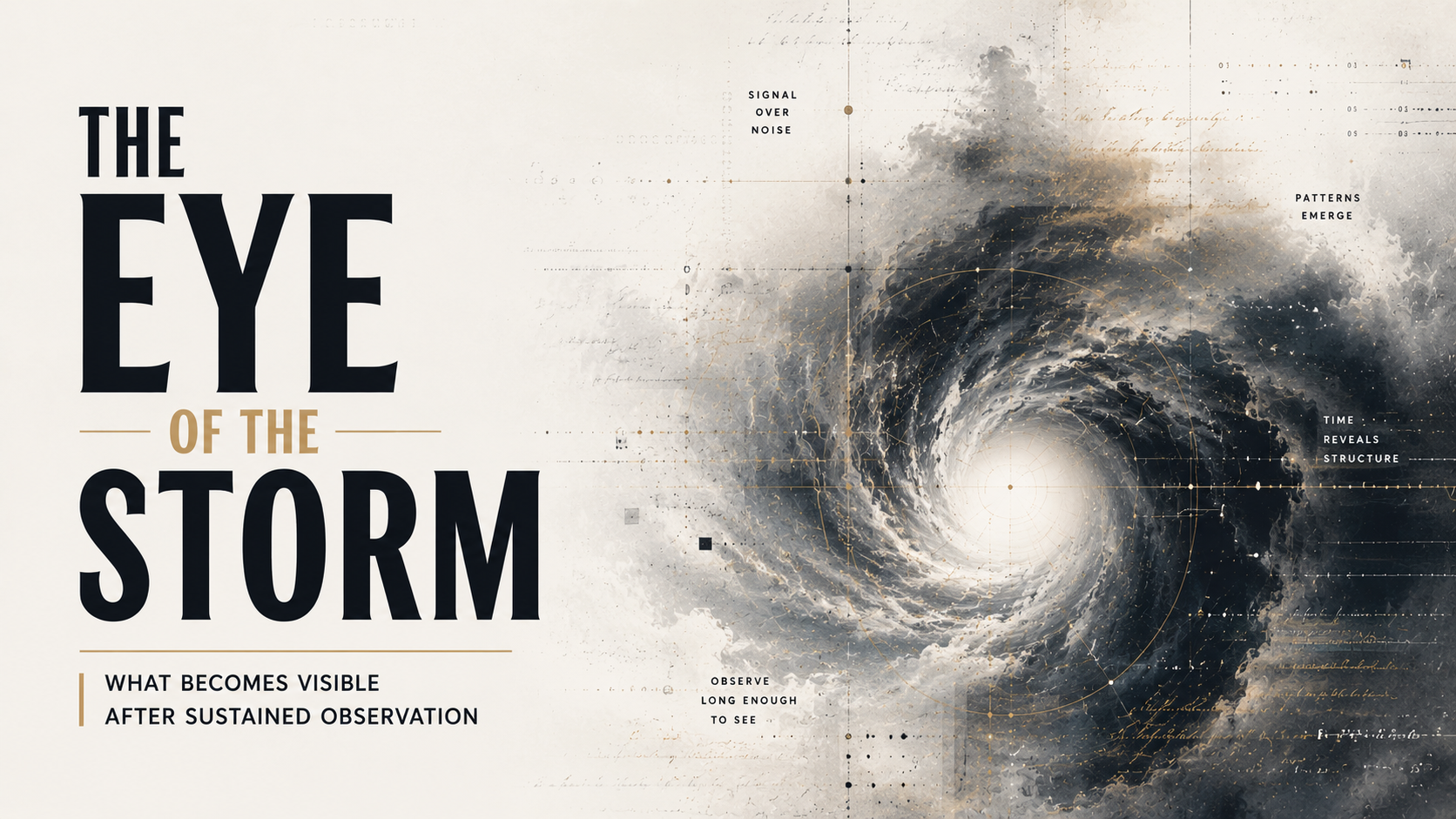 An abstract storm system with a calm center emerging through layered signal patterns