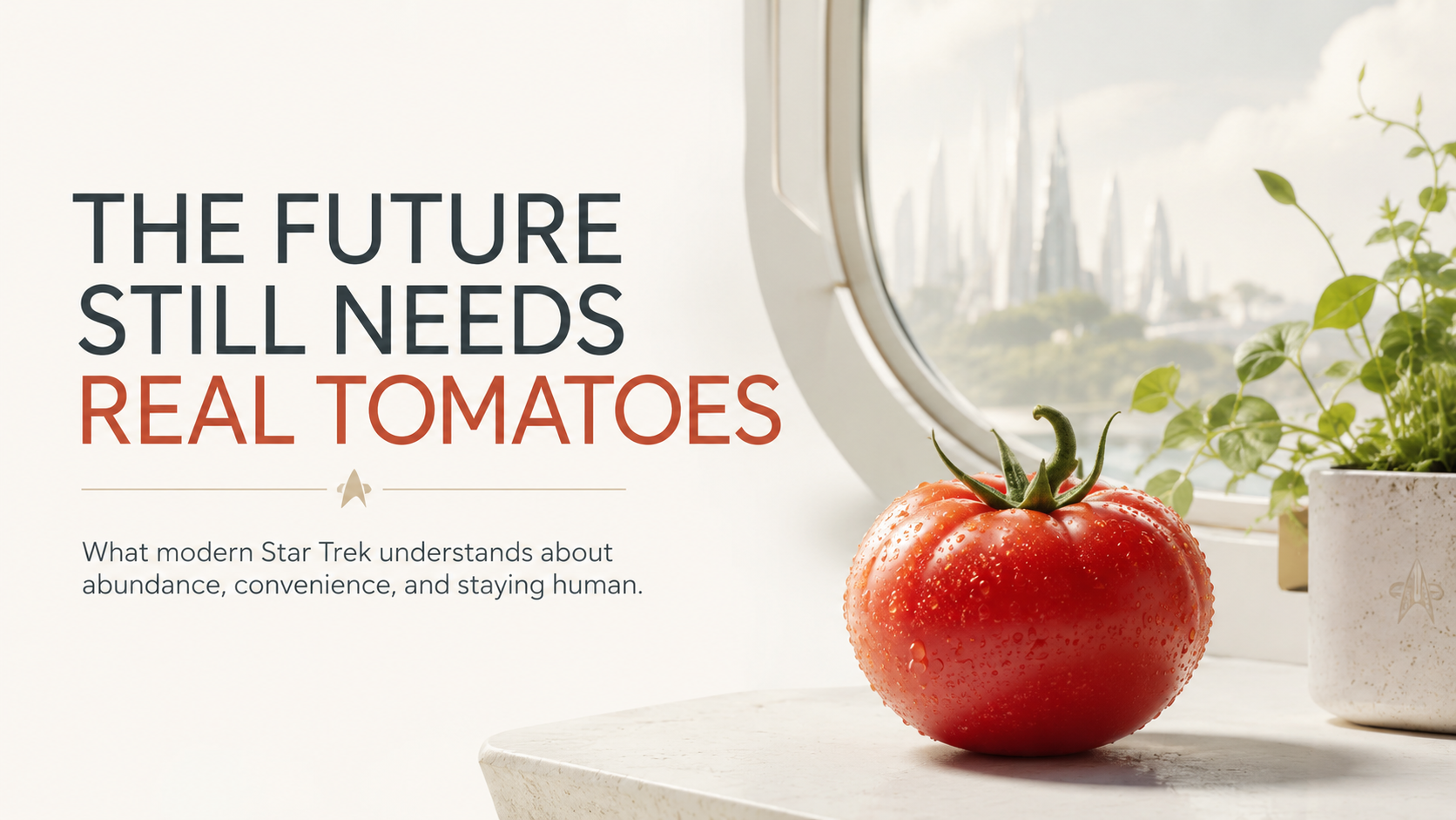 An abstract futuristic still life featuring a single tomato against a minimalist Federation-inspired backdrop.