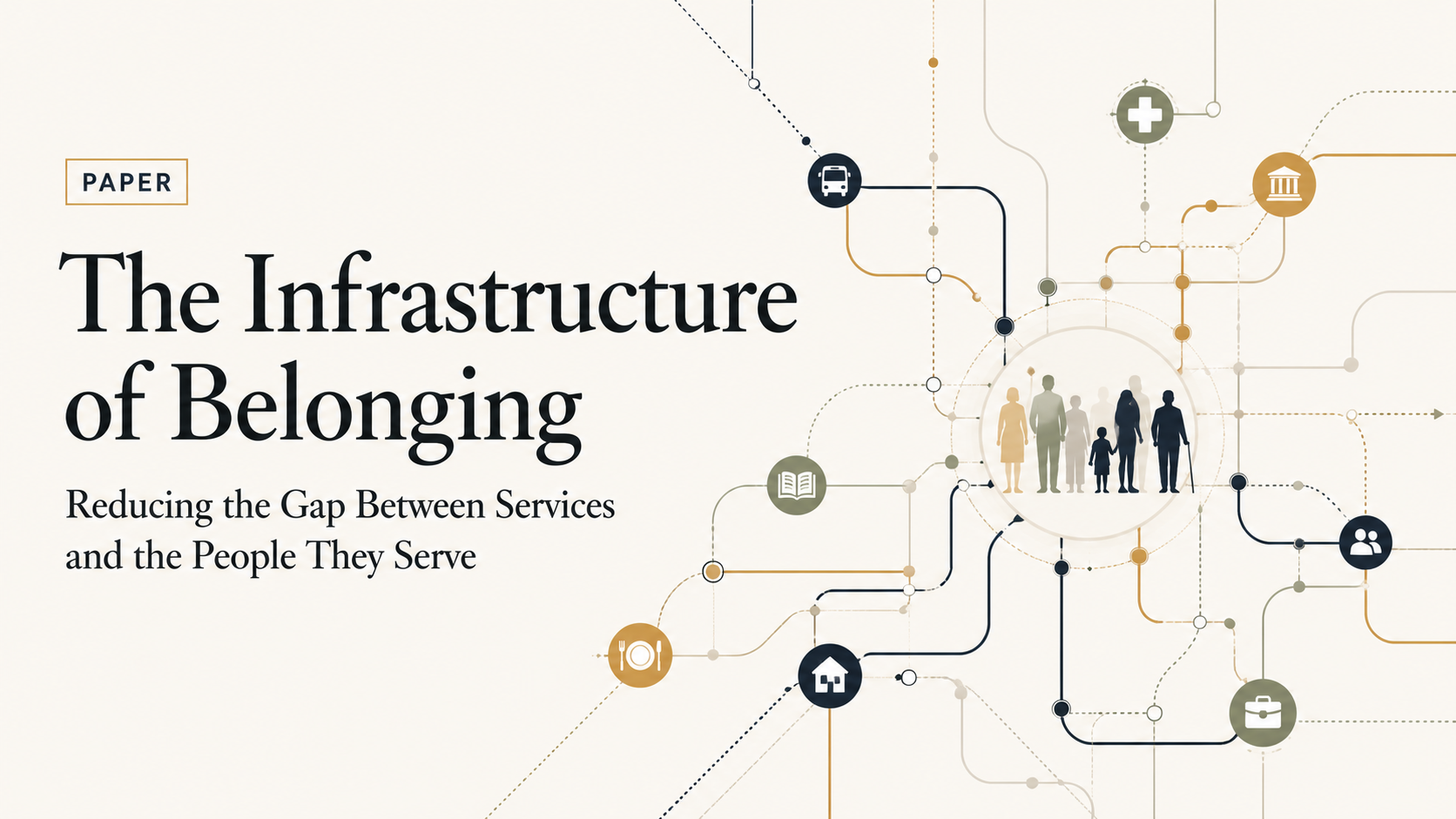 Abstract civic infrastructure map showing connected pathways between public services and people.