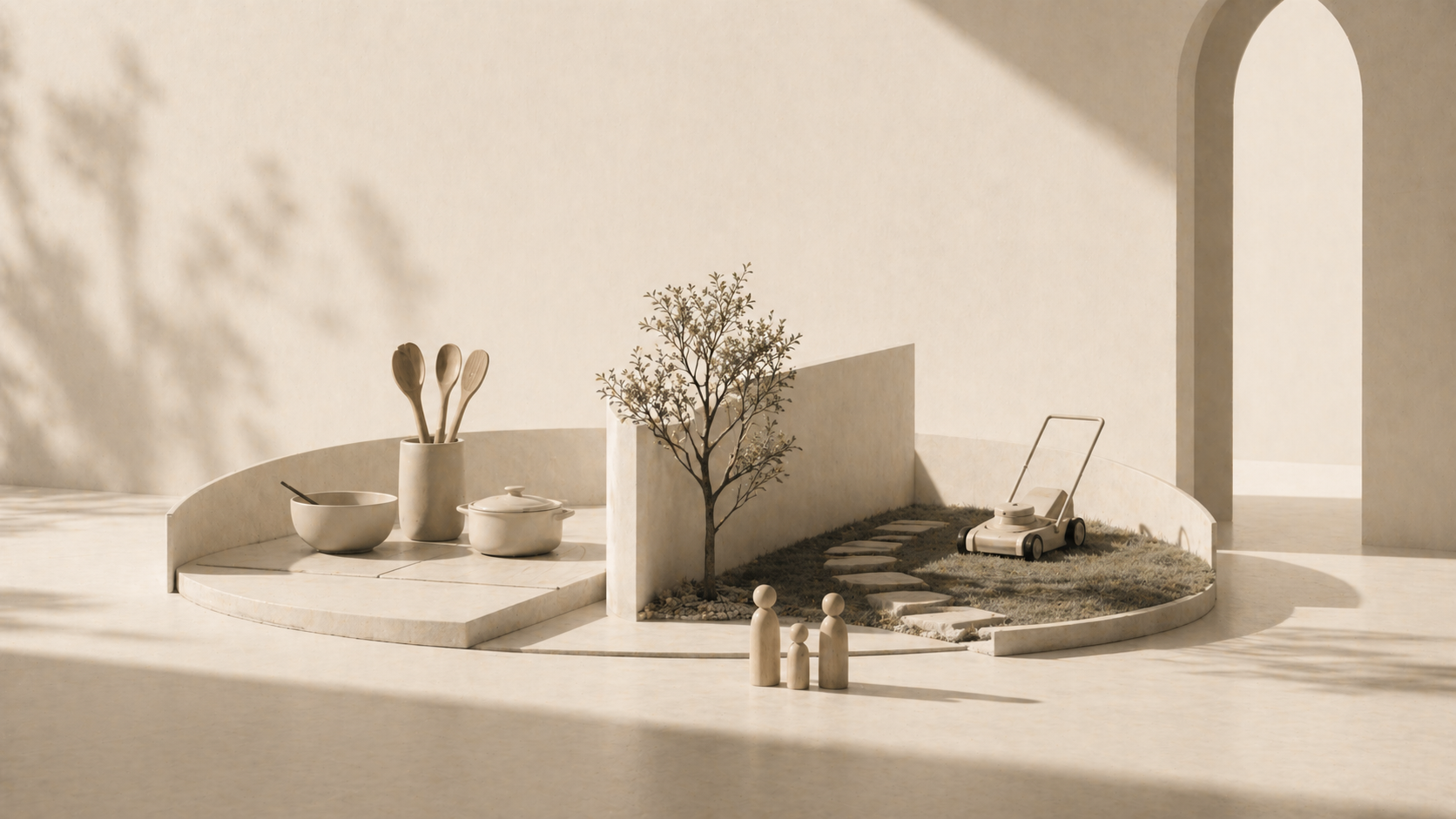 A minimalist split scene showing a kitchen on one side and a small yard on the other, divided by a clean boundary, symbolizing shared space and personal sovereignty within a home
