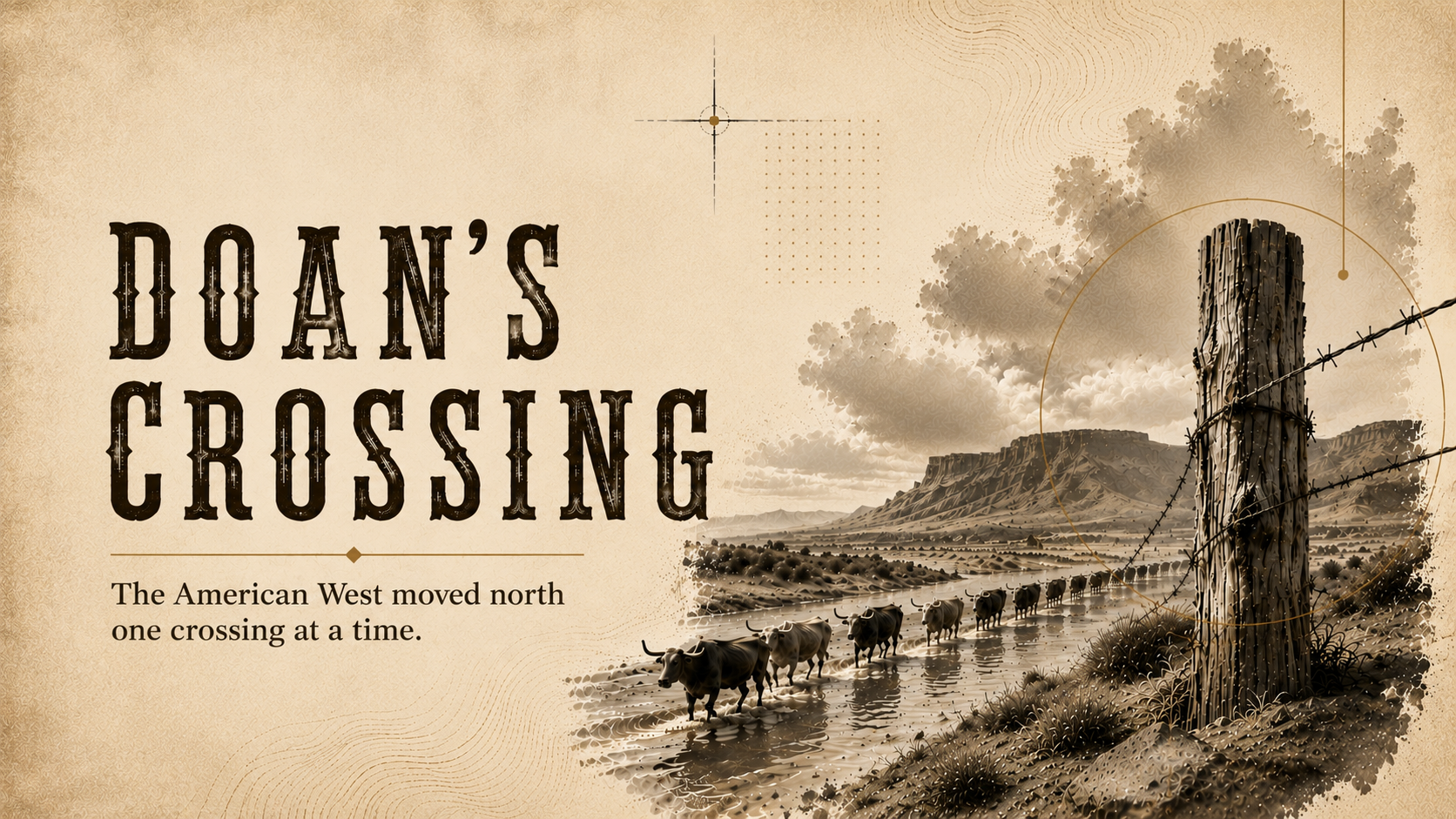 Abstract western landscape with a river crossing, faint cattle trail lines, and weathered infrastructure forms fading into dust-toned geometry.