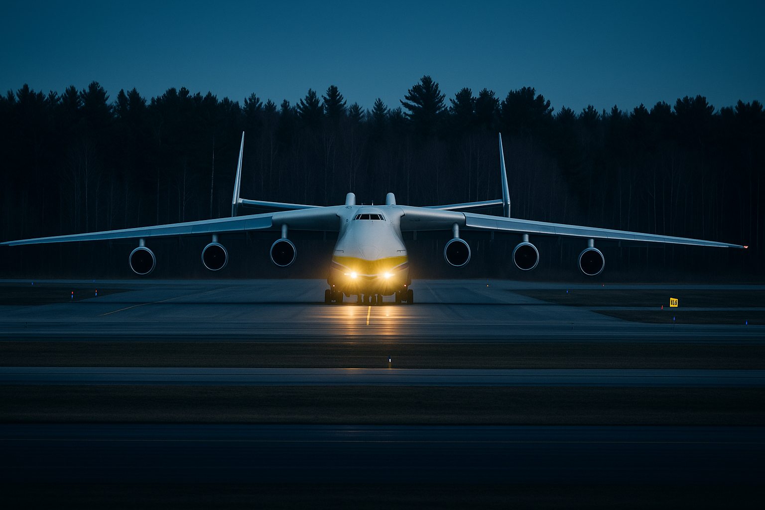 The Antonov An-225 Mriya grounded on a runway, massive and silent, under a gray sky