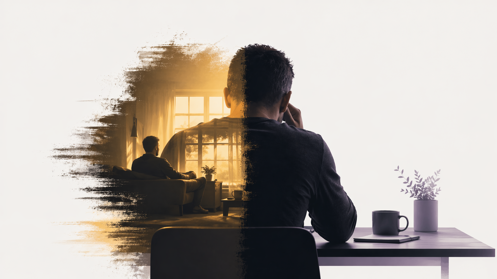 split-state image showing a man at a desk divided between warm nostalgic light and cool present tension