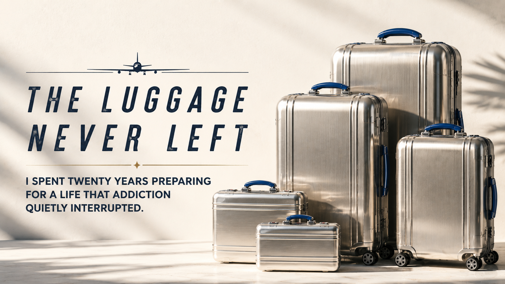 Minimal stainless steel luggage sitting motionless in soft light against a pale background.