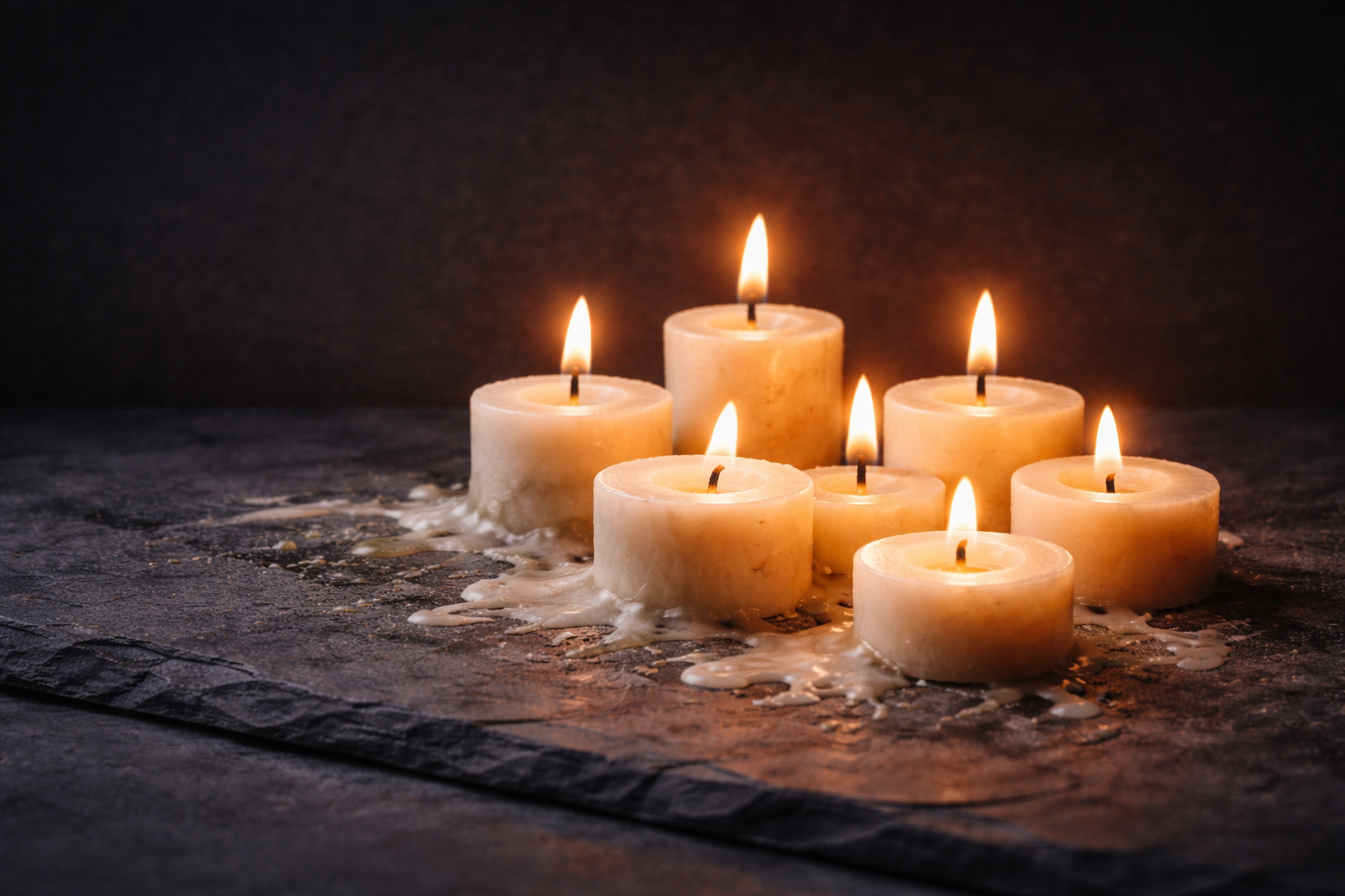 A cluster of partially melted candles on a dark slate surface, their uneven flames casting a warm glow over hardened layers of wax