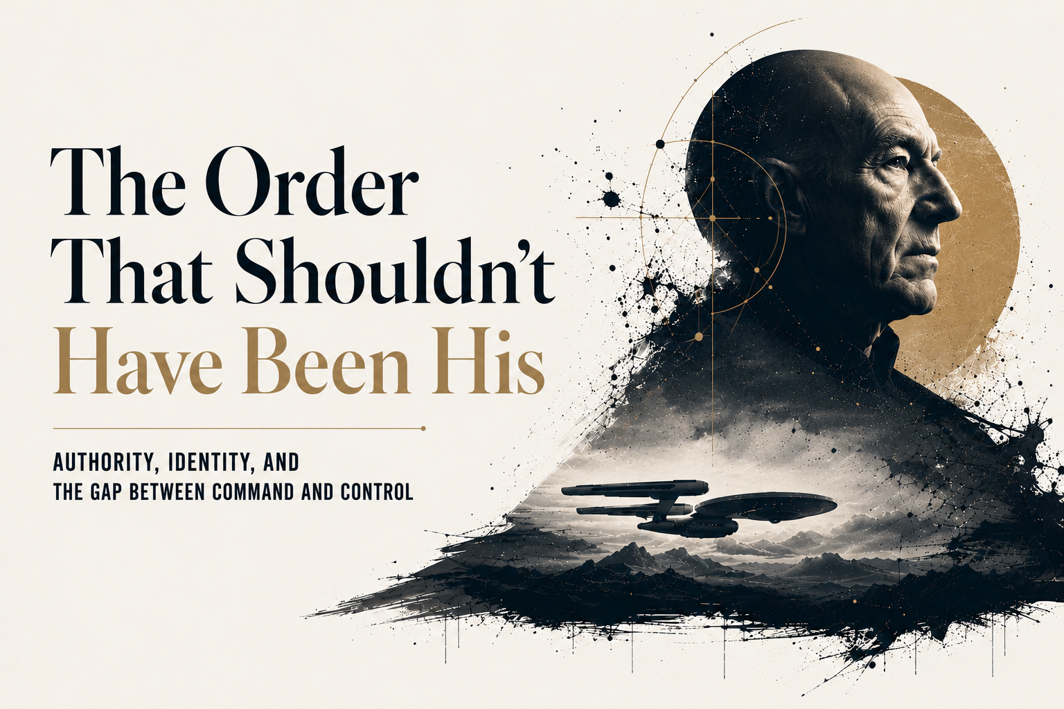 A portrait of Jean-Luc Picard beside the silhouette of the Stargazer in an abstract editorial composition