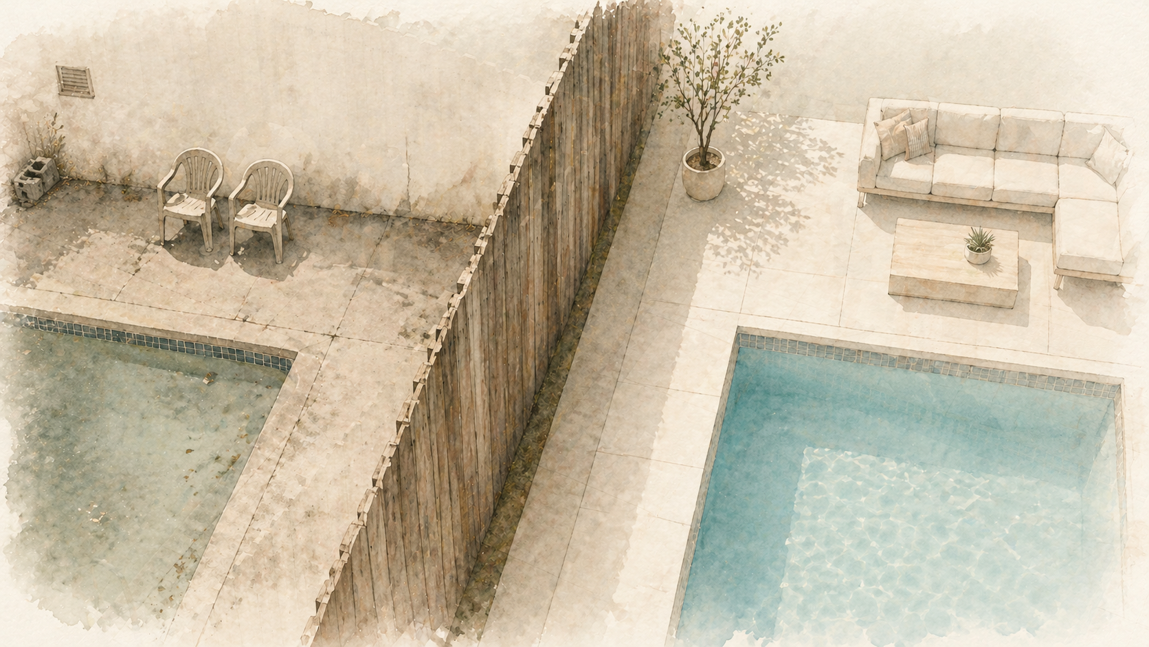 Two adjacent pools divided by a wooden fence, one worn and muted, the other clean and minimal