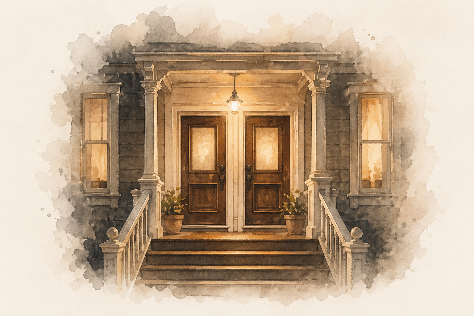 A warmly lit porch with two front doors side by side at night