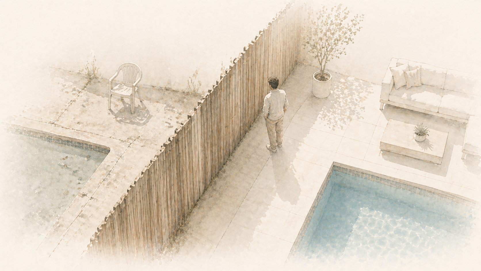 A lone figure standing near a fence dividing two quiet poolside spaces