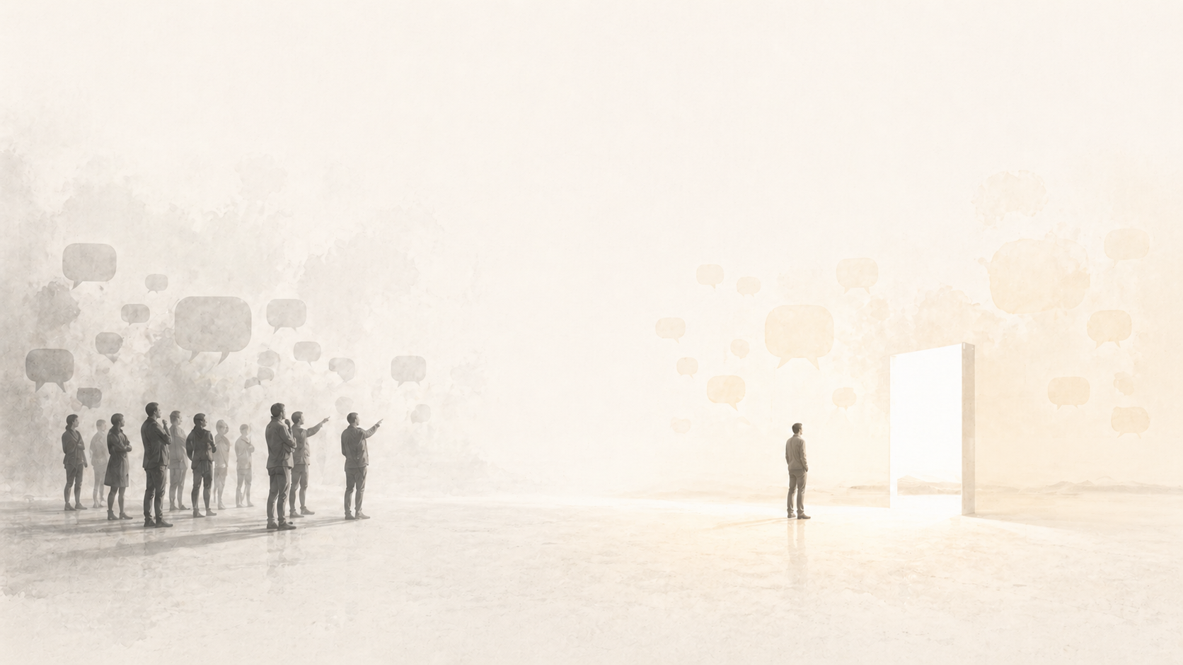 A group of people facing one direction while a single person stands before a glowing doorway
