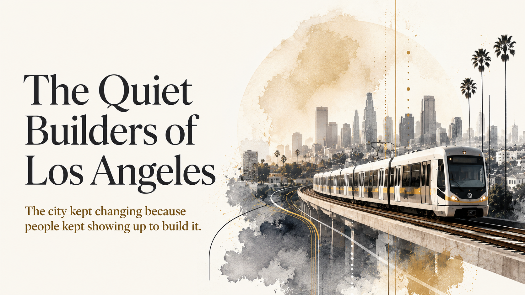 A Los Angeles Metro train moving beneath layered freeway infrastructure at dusk.