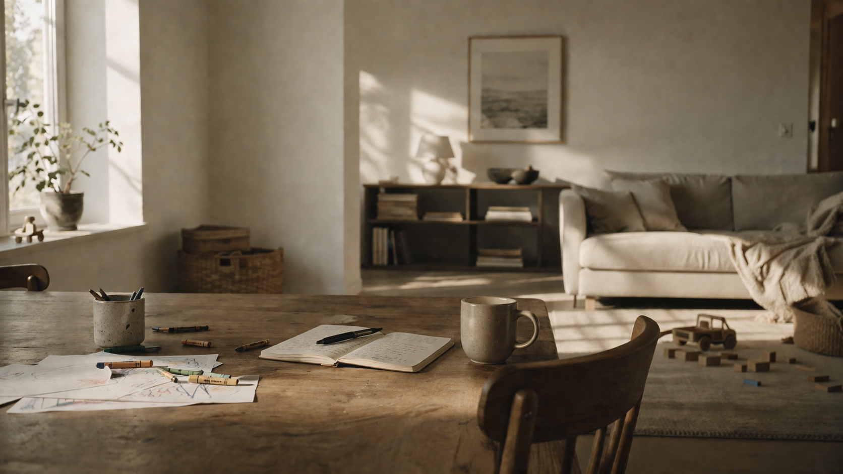 A softly lit, minimalist living space with a wooden table in the foreground holding a notebook and coffee cup, while scattered children's drawings and toys sit in the background, suggesting presence without visible people.