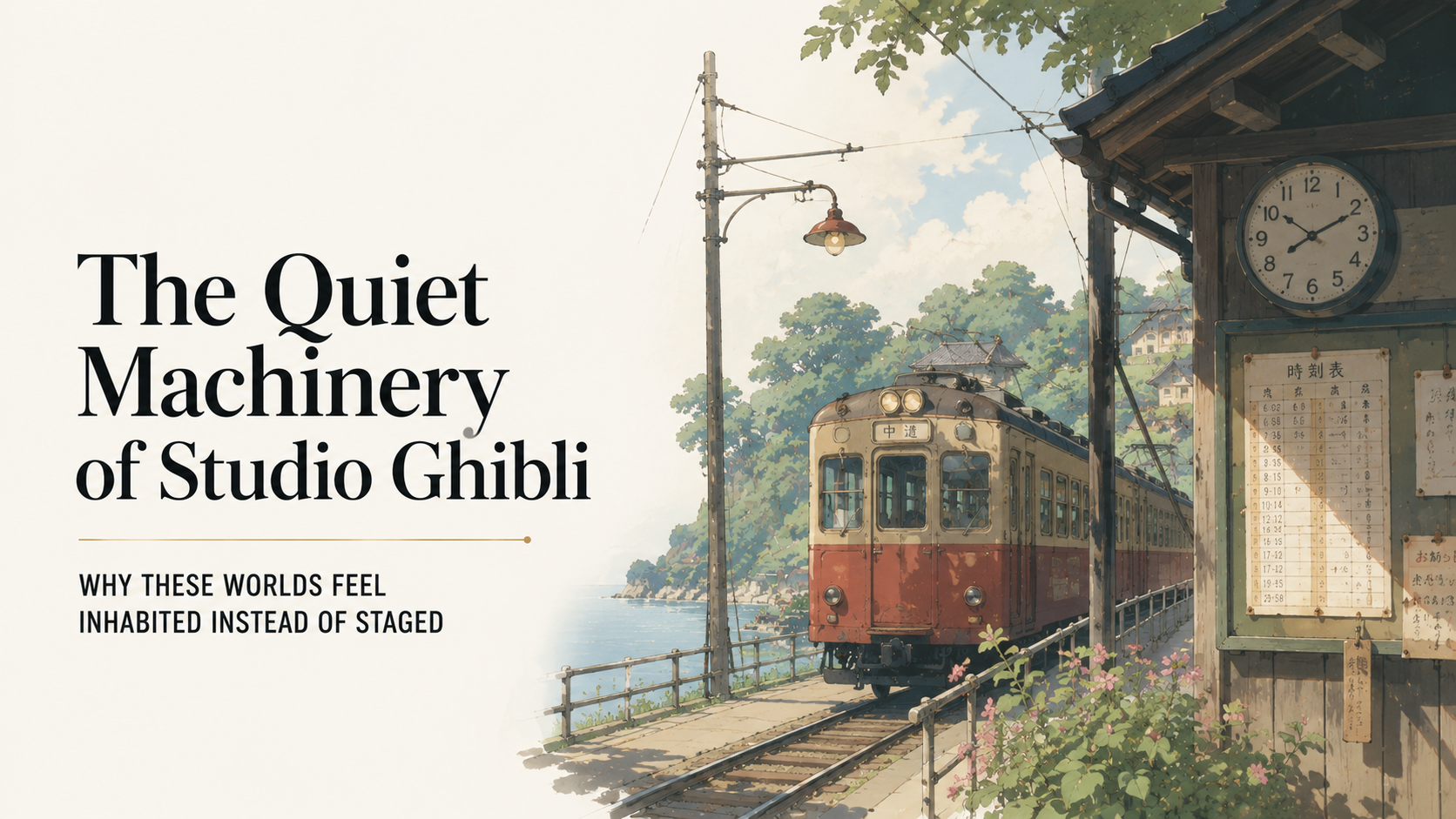 An atmospheric streetscape inspired by the operational texture and quiet infrastructure of Studio Ghibli worlds.