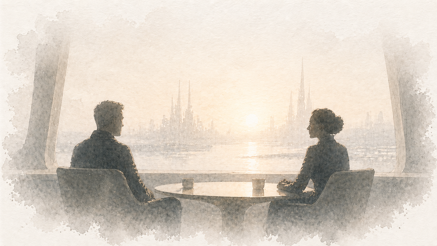 Two silhouetted figures seated across a table in quiet conversation, with a soft cityscape beyond a wide window