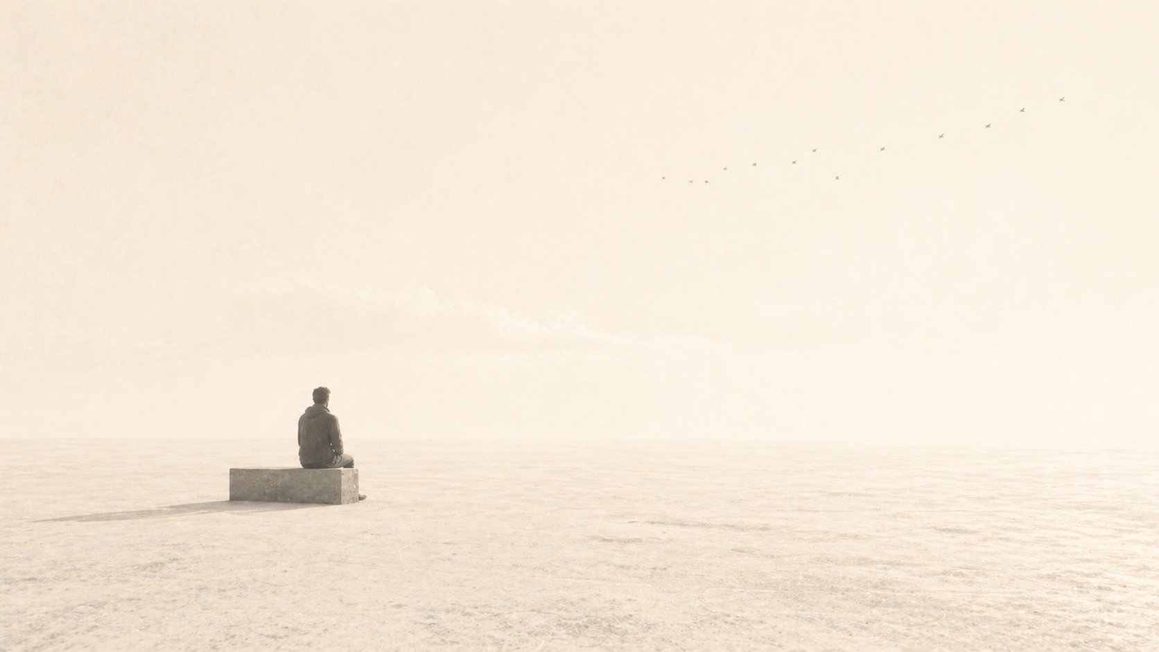 A person sitting alone in a wide pale landscape with birds in the distance