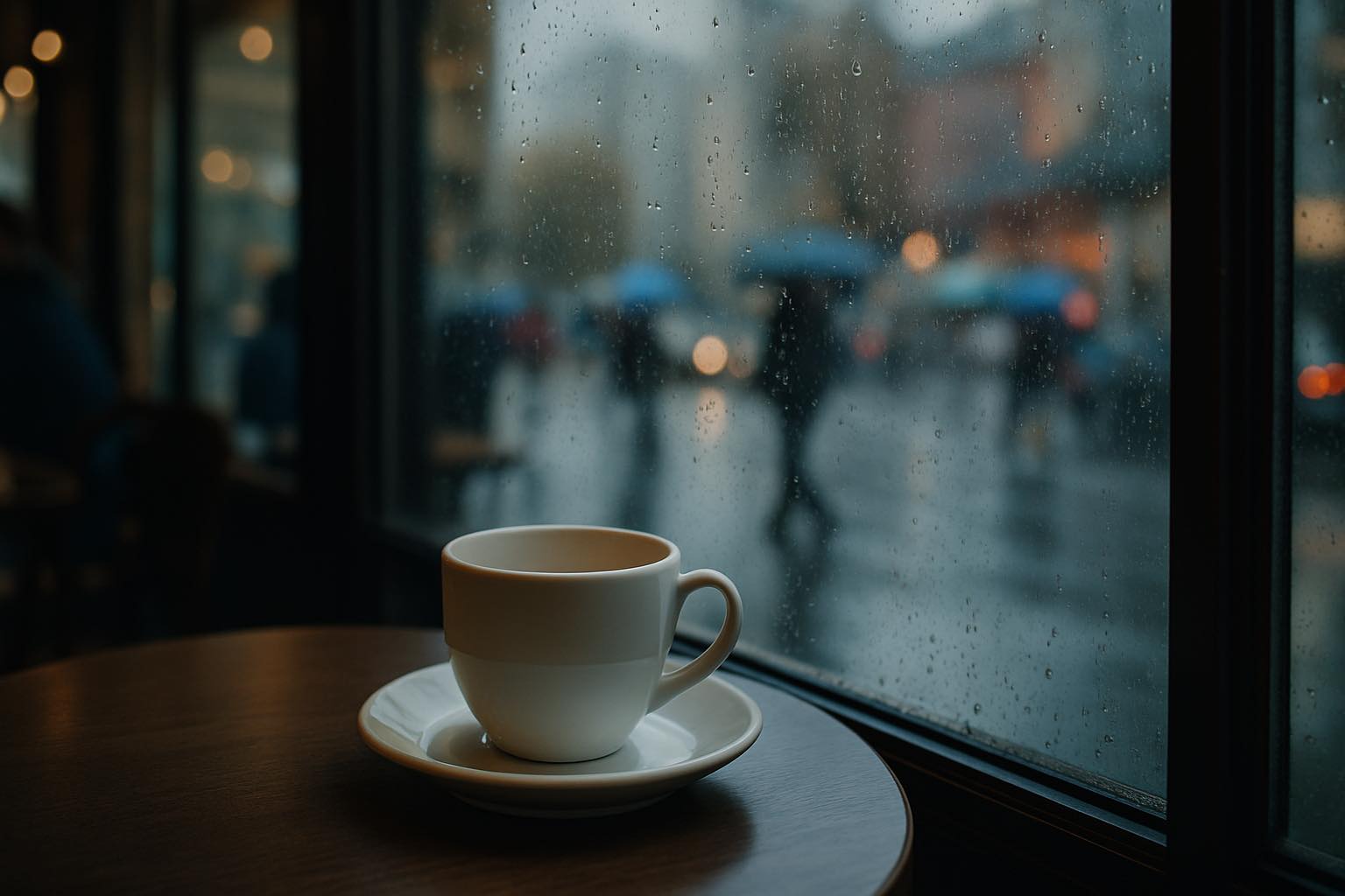 A cup of coffee on a table beside a rain-speckled window, with blurred figures passing outside