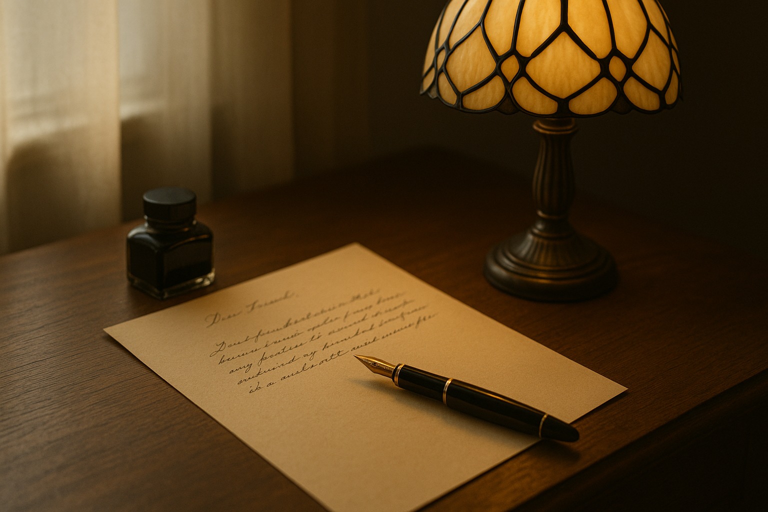 A handwritten letter on a wooden desk beside a fountain pen and a softly lit lamp, suggesting reflection, clarity, and quiet renewal