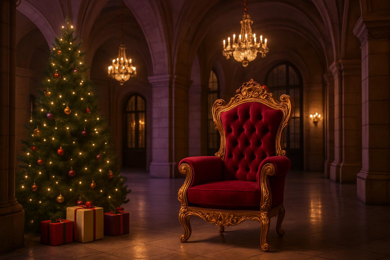 Ornate red velvet chair beside a decorated Christmas tree in a grand hall, suggesting the presence of Santa as an idea rather than a person