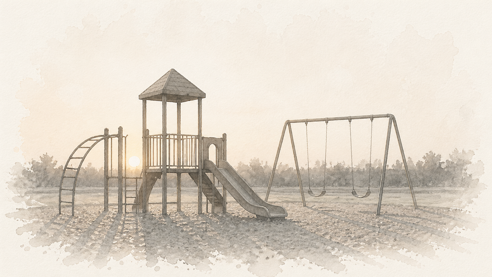 An empty playground with swings at dusk, quiet and still