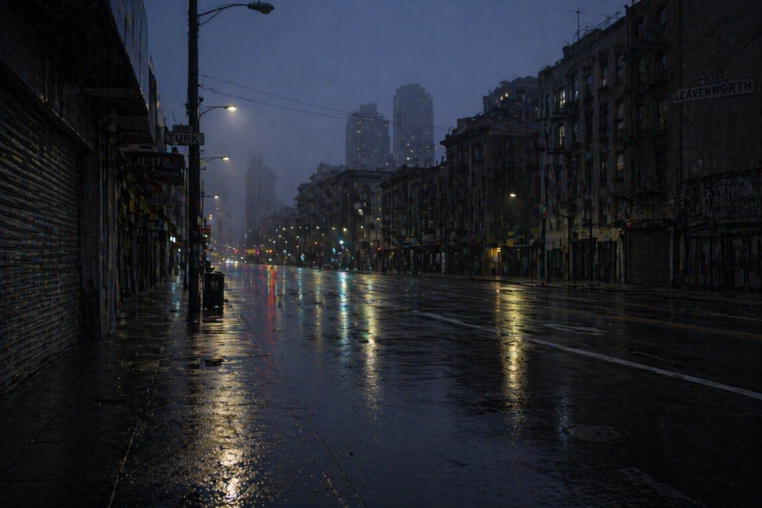 Pre-dawn street in San Francisco’s Tenderloin, dim and quiet before sunrise, with wet pavement and faint artificial light suggesting motion without progress