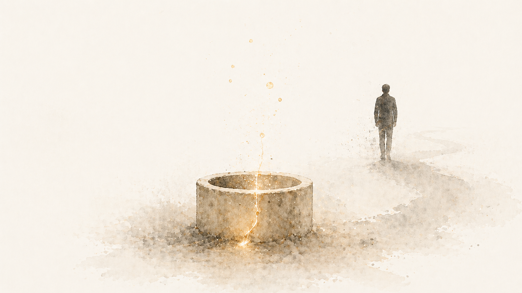 A stone well with faint light rising as a lone figure walks away into a pale landscape