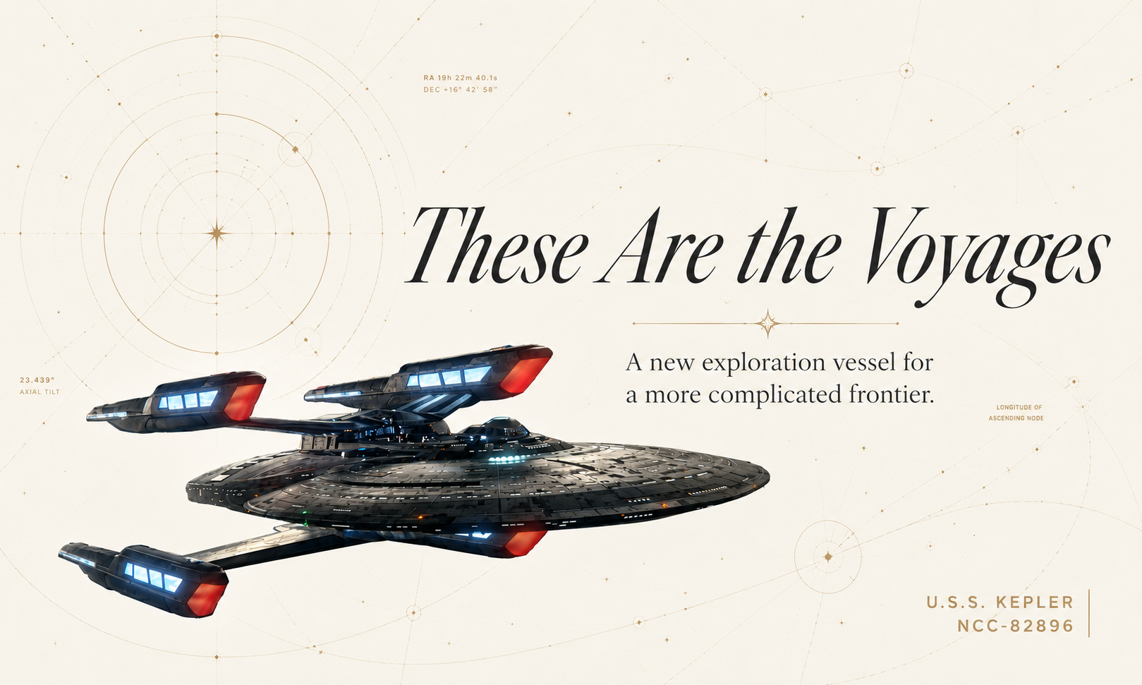 A Sagan-class Federation starship drifts through a pale stellar cartography field while subtle architectural overlays evoke systems diagrams and exploration routes.