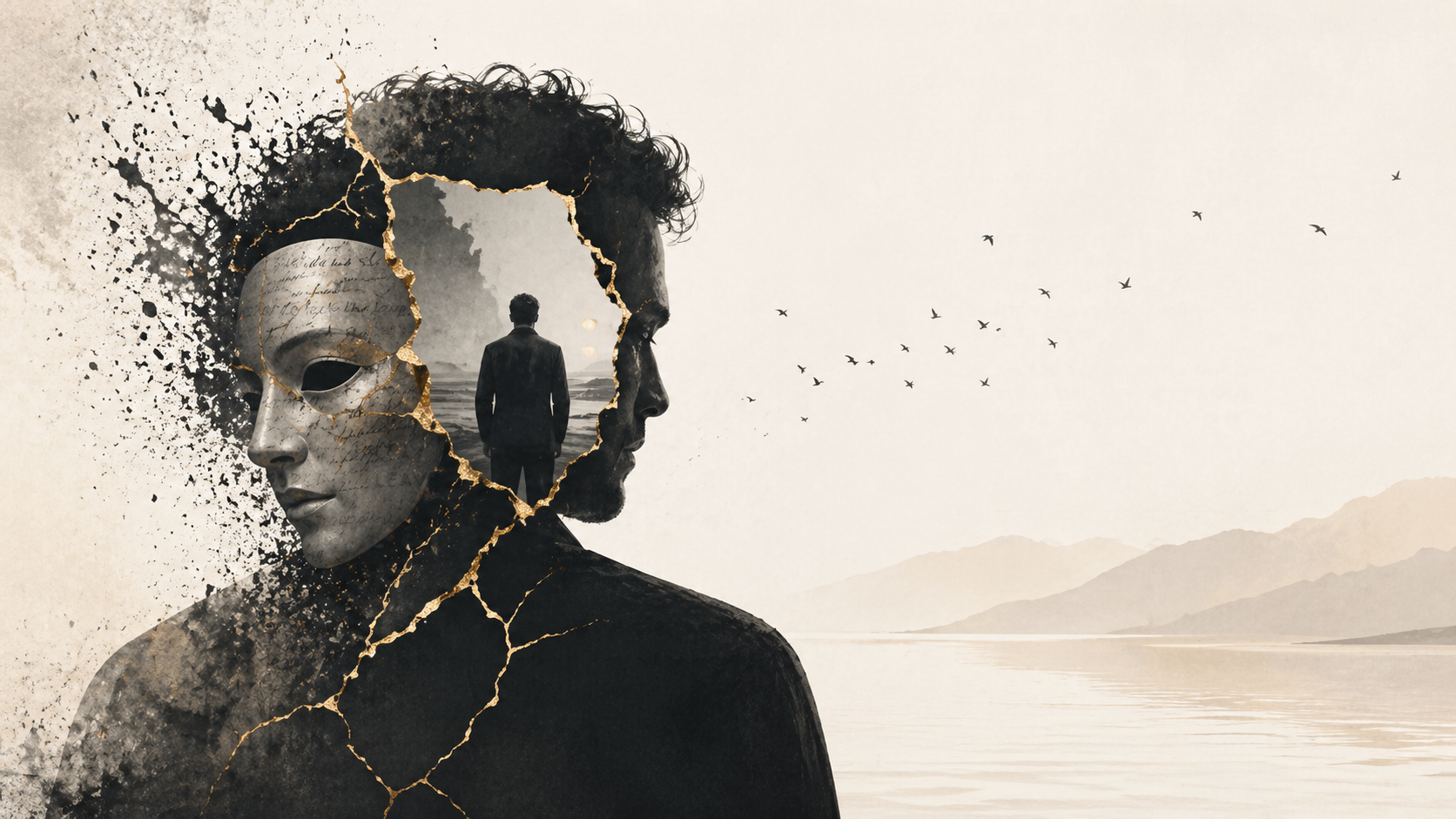 A fractured mask and shadowed figure against an open horizon, symbolizing the divide between public narrative and private truth