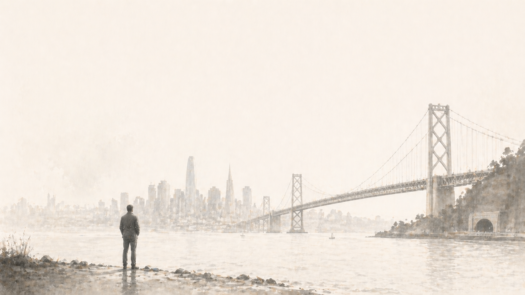 A lone figure standing by the water facing a hazy city skyline and bridge