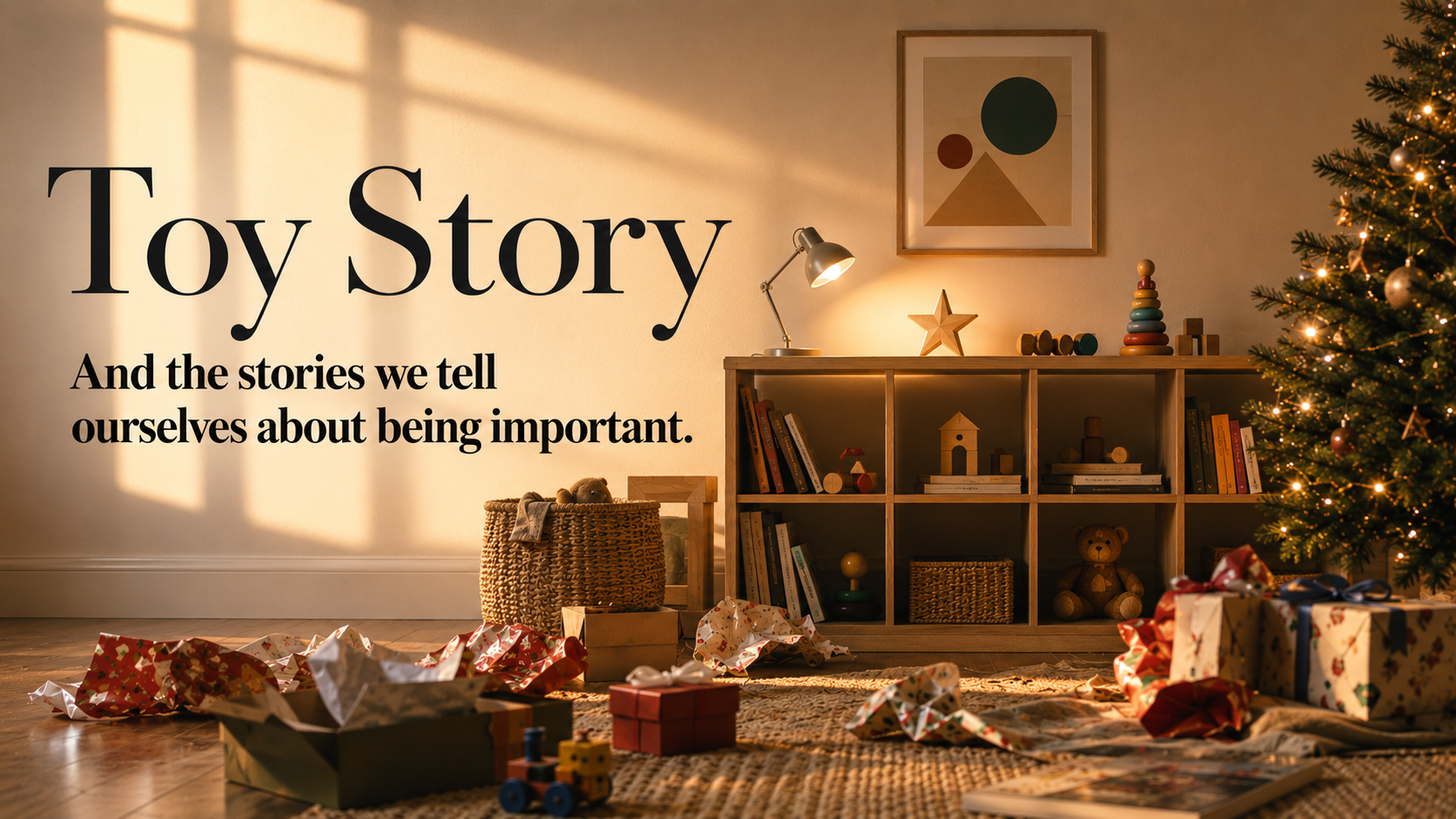 Abstract editorial illustration inspired by Toy Story, hierarchy, and identity.