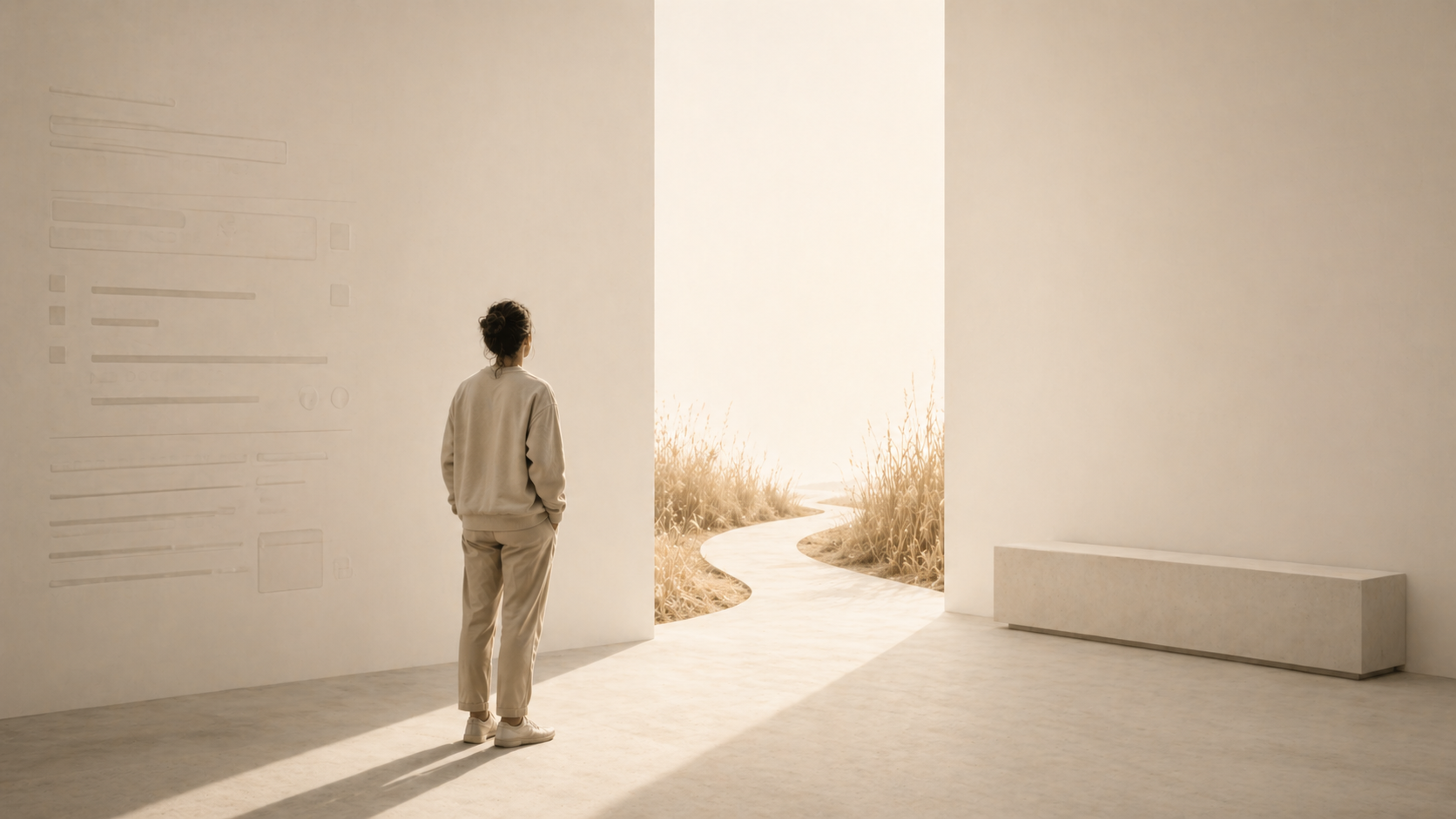A solitary figure stands in a minimalist interior space facing an open passage leading to a sunlit path, symbolizing the transition from systemic constraint to dignity and possibility