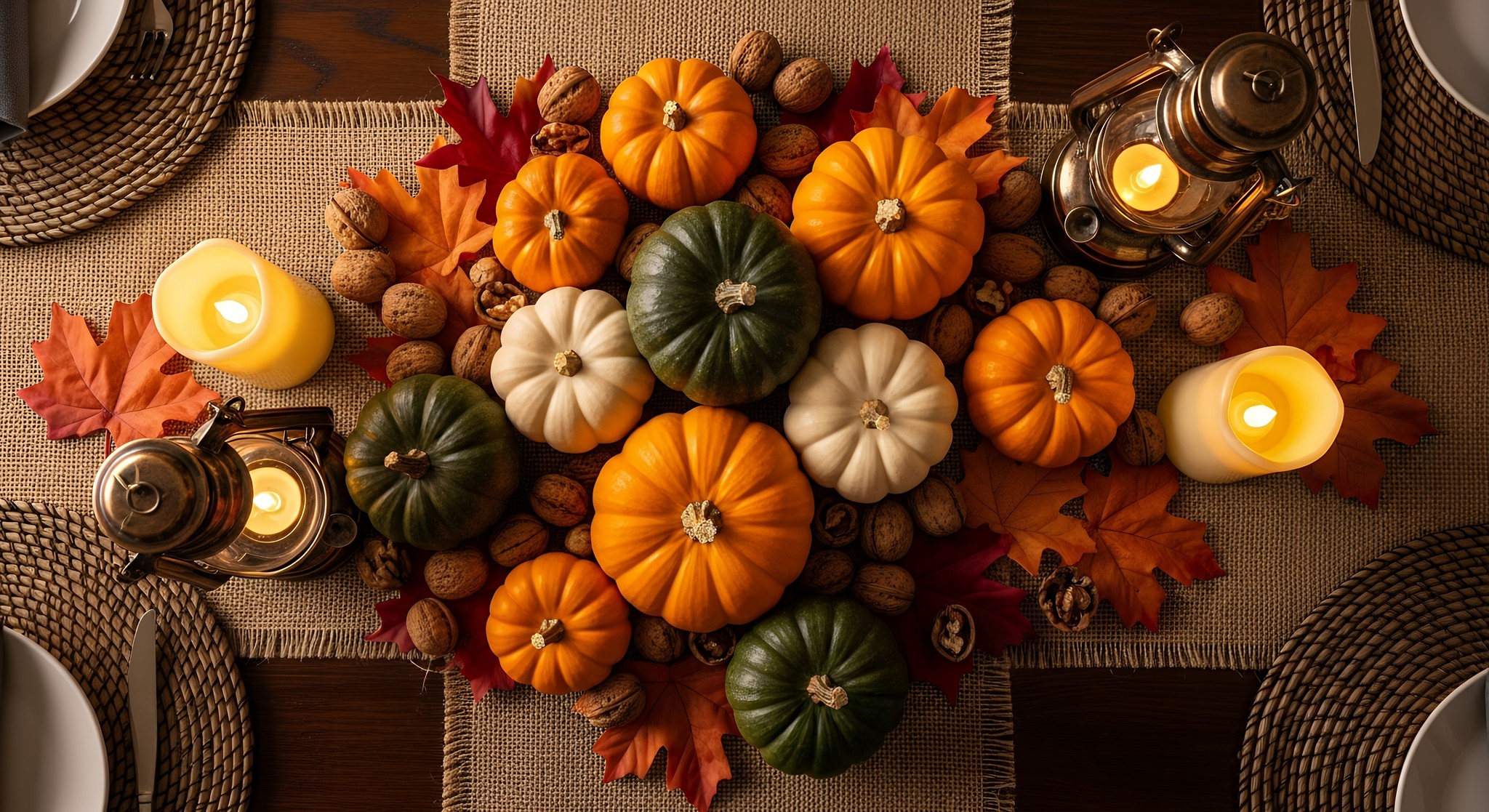 Autumn table centerpiece with pumpkins, candles, and fall leaves arranged for Thanksgiving