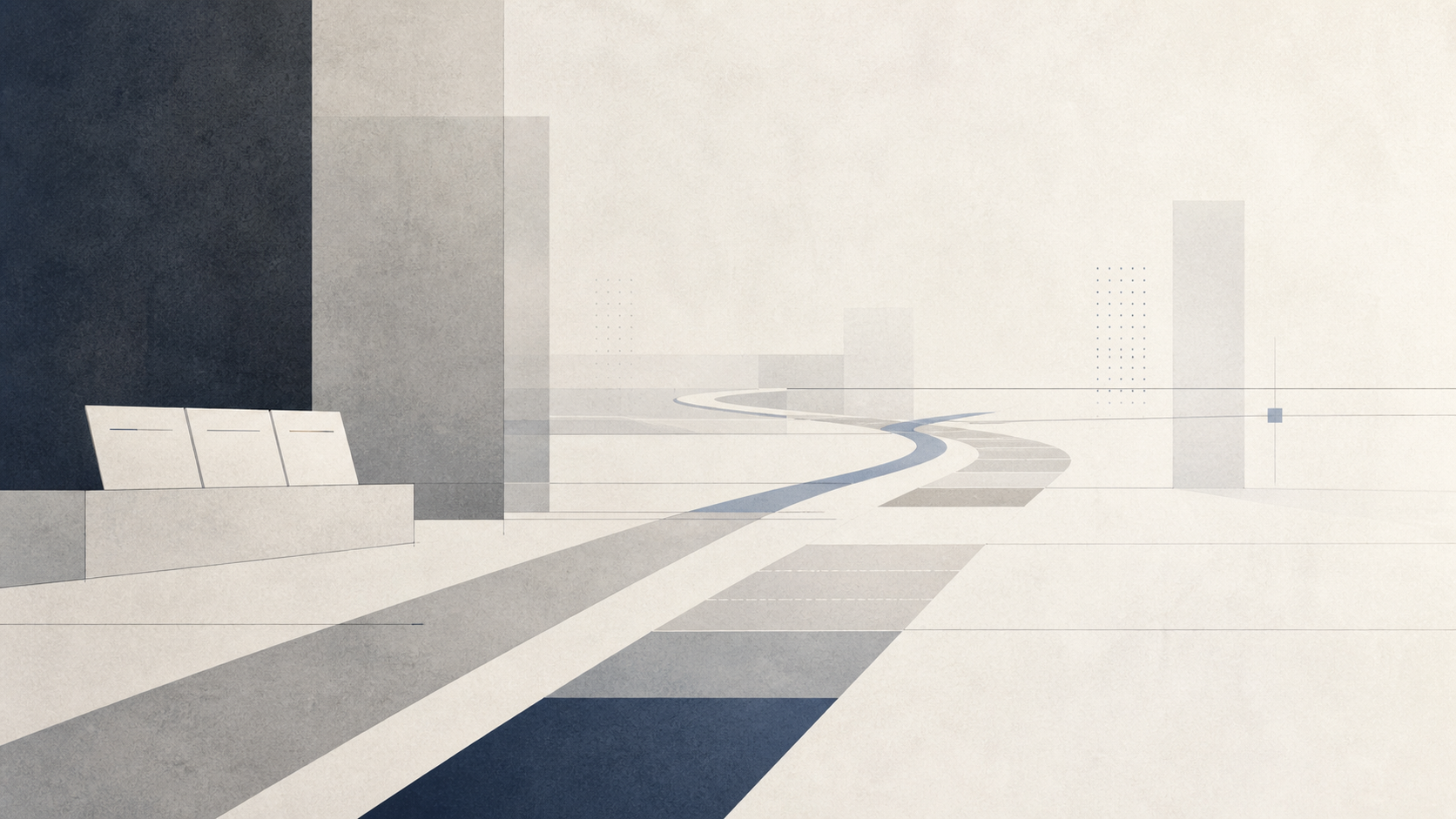 Minimal polling place scene with soft geometric forms and a neutral palette, suggesting order and flow without visible text