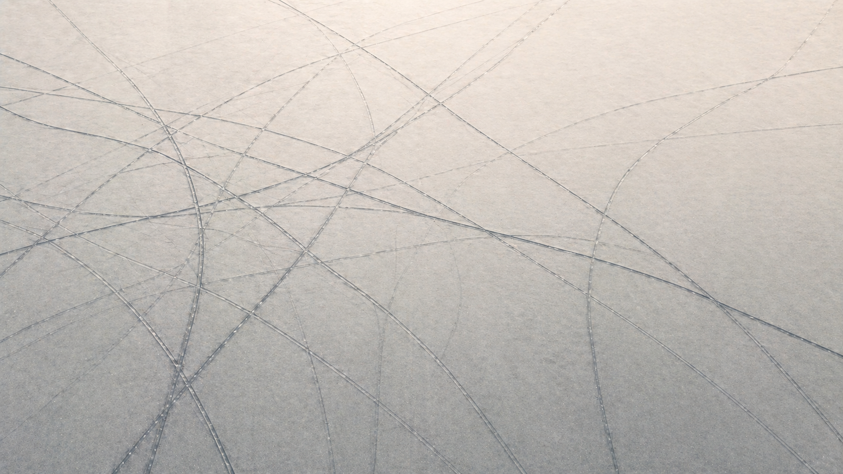 A wide, minimalist ocean scene with cargo ships slightly misaligned from faint route lines, suggesting a subtle divergence between mapped structure and lived reality.
