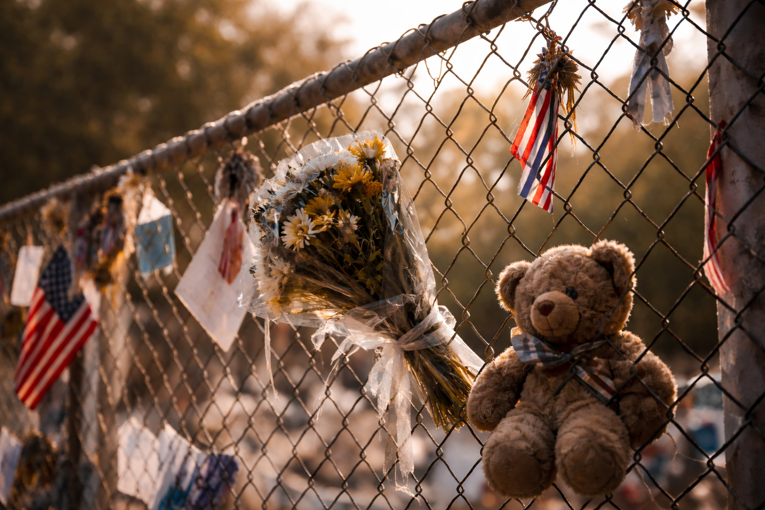 Chain-link fence memorial with flowers, ribbon, and a worn teddy bear in warm evening light, no people present