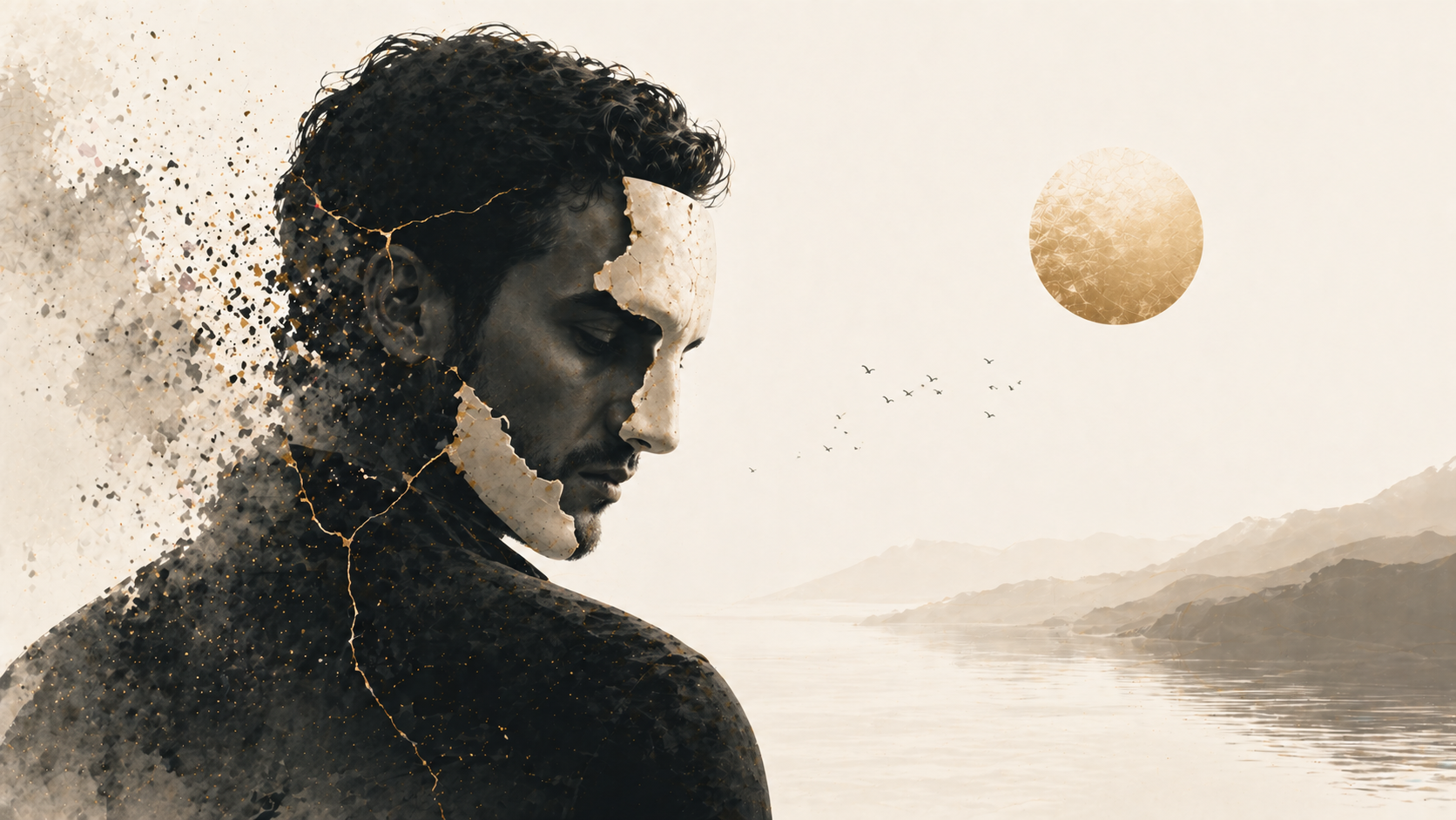 A man with a fractured mask revealing his true self beneath, dissolving into soft textures against a calm horizon