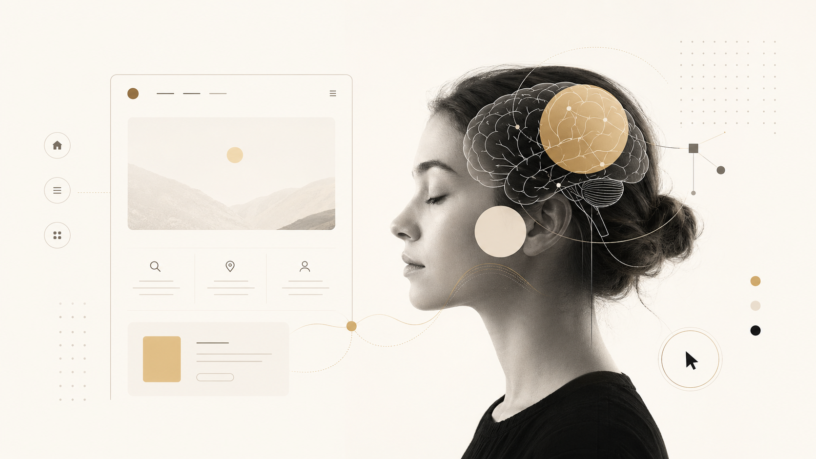 Minimal abstract composition showing a human profile integrated with interface elements and soft geometric forms, representing cognition, pattern recognition, and system interaction