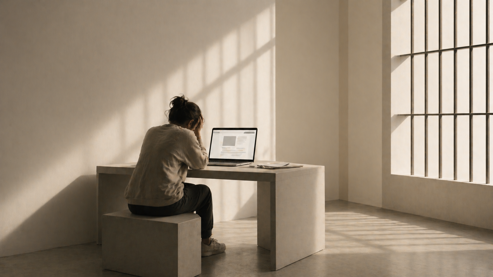 A solitary figure sits at a desk in a softly lit room, facing a laptop near a barred window, symbolizing frustration, confinement, and digital isolation