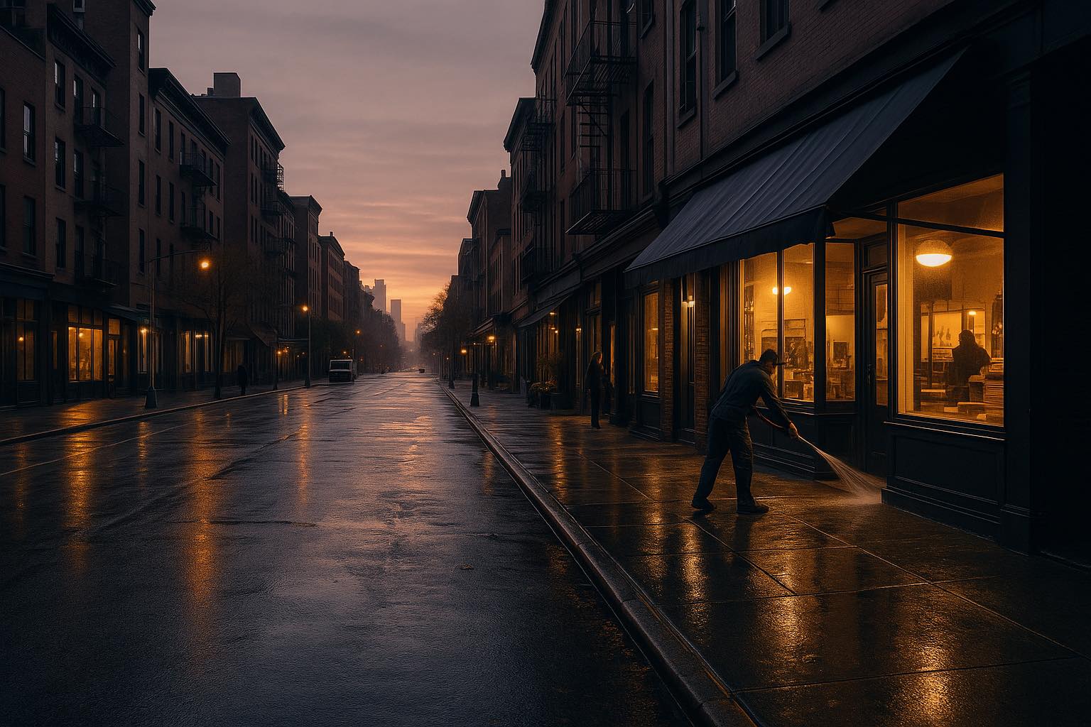 A quiet city street at dawn, freshly washed, with warm light spilling from storefront windows as someone cleans the sidewalk