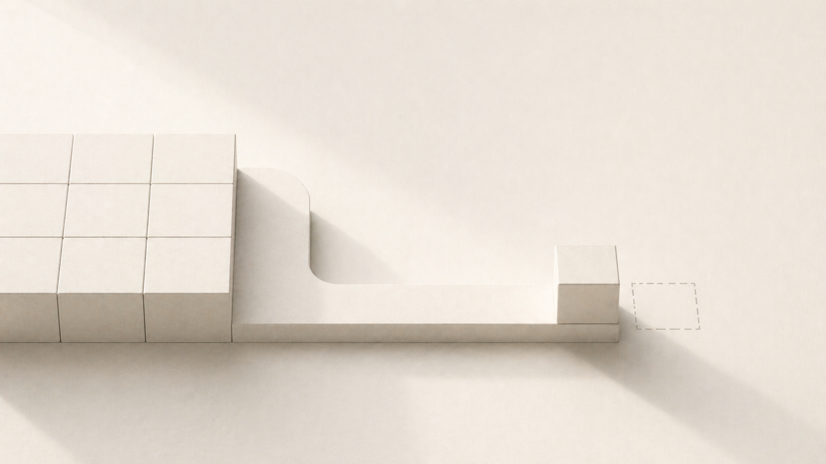 A minimalist stepped structure with a single cube placed near an empty outlined space, suggesting a deliberate decision not to complete the system