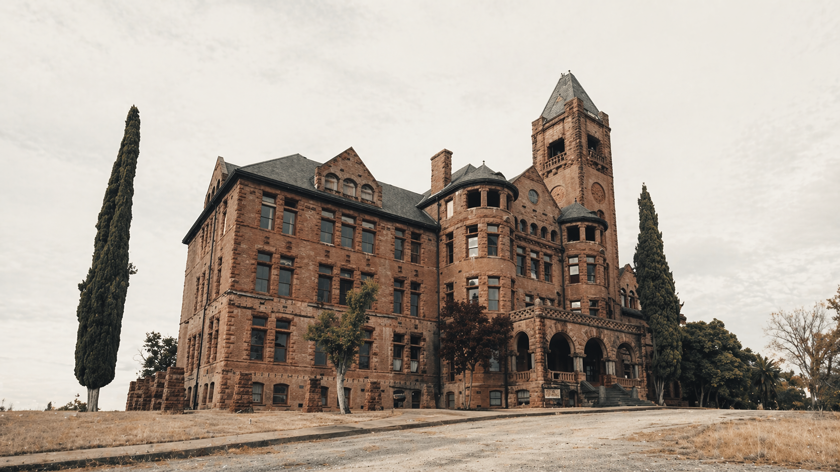 Preston Castle in Ione, California, standing in quiet isolation under a pale sky, its stone facade weathered by time