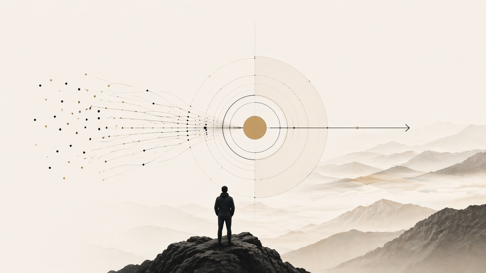 Minimal abstract landscape showing a human figure observing signal converging into a central decision boundary, symbolizing AI systems under uncertainty