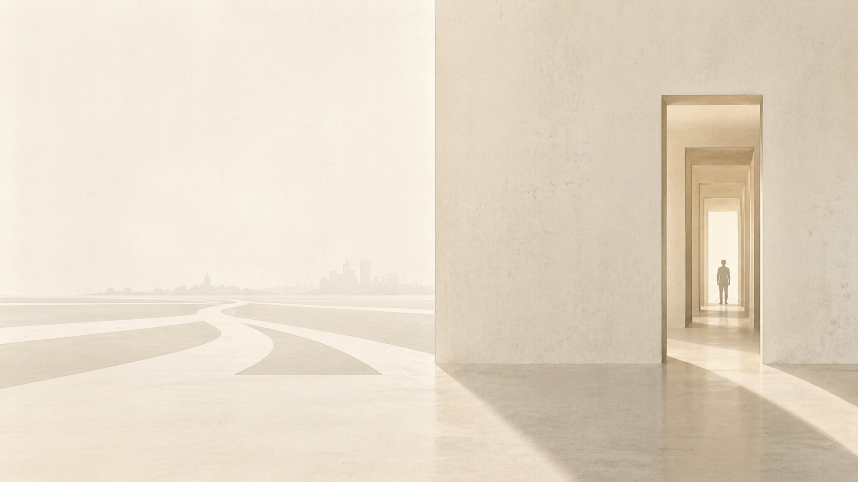 A minimalist architectural space with a distant figure framed by layered doorways and soft light