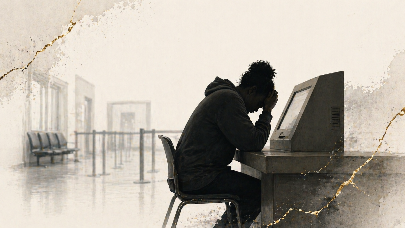 A solitary figure seated at a government kiosk in an empty institutional space, head bowed in quiet frustration
