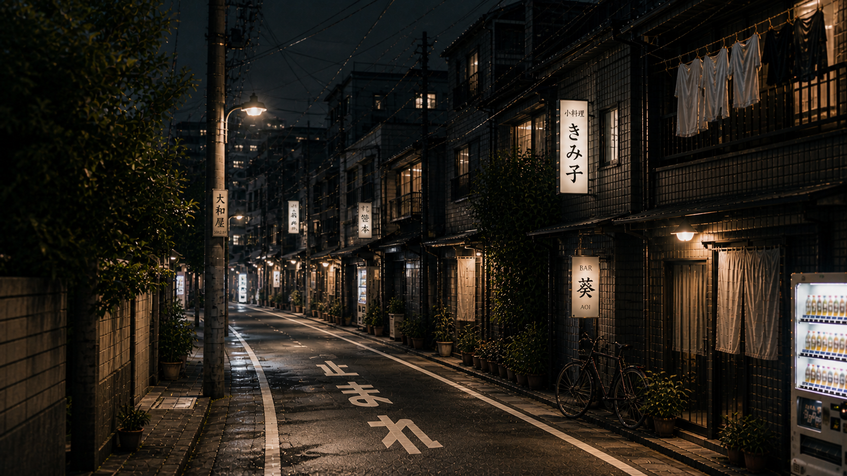 A softly lit Tokyo residential street at night fading into a light background, with subtle signage, overhead wires, and balcony clotheslines