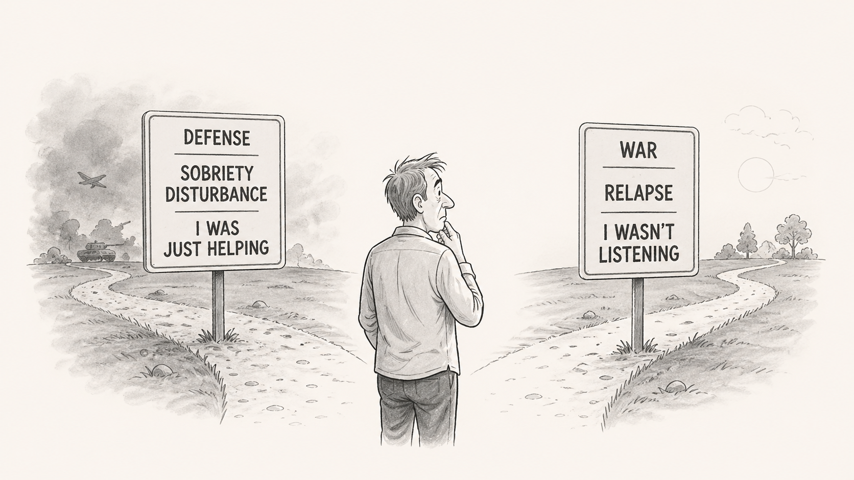 A person standing at a crossroads between two signs representing softened language and plain truth